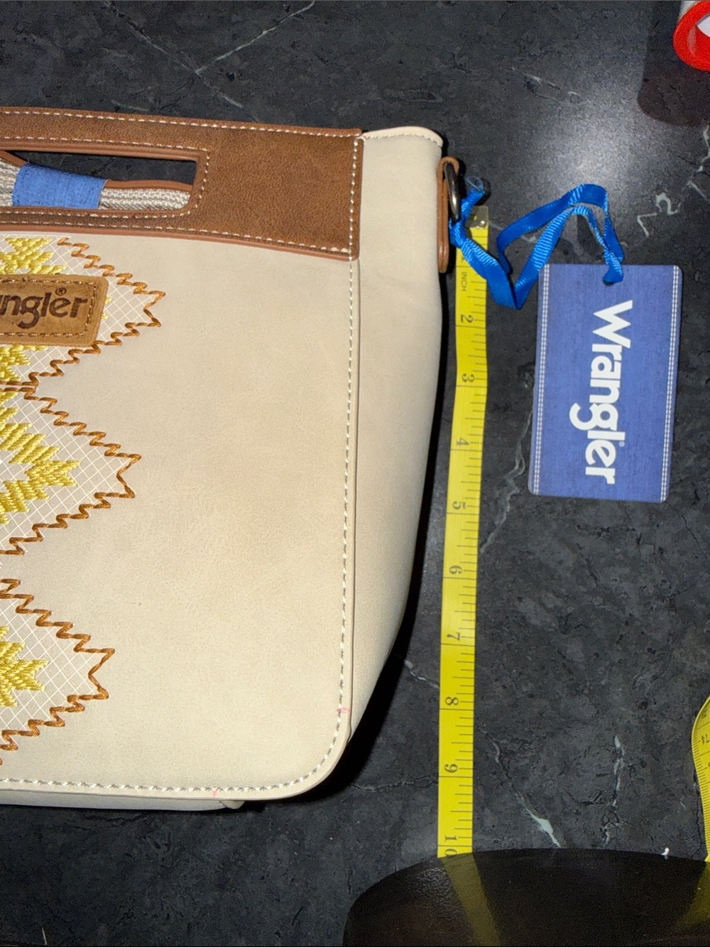 Wrangler Cream & Brown Shoulder Bag with Yellow Embroidery